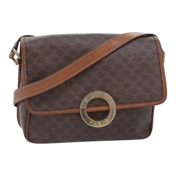 CELINE Macadam Canvas Circle Shoulder Bag Pvc Leather Brown Gold - Picture 1 of 16